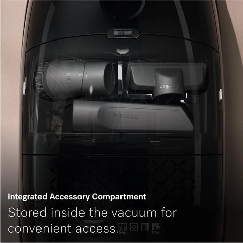 Integrated accessory compartment of Premium Bagged Canister Vacuum For Hard Floors And Thin Carpet Featuring XL Parquet Brush Universal Floorhead Footswitch Hygienic Air Filter.
