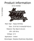 Product information sheet for Lit Happy Birthday Neon Sign LED Light For Parties And Home Decor Customizable Birthday Gift Outdoor