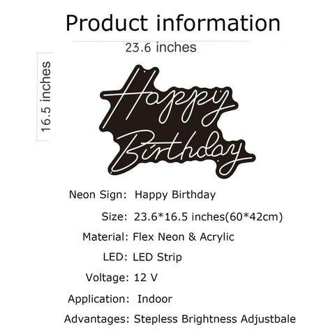 Product information sheet for Lit Happy Birthday Neon Sign LED Light For Parties And Home Decor Customizable Birthday Gift Outdoor