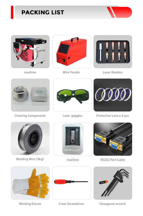 Packing list for Straight Up Heavy Duty 2000W 4 In 1 Integrated Fiber Laser Welder with tools and components included.