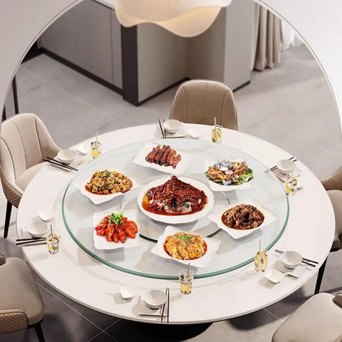 Large Glass Lazy Susan Turntable For Kitchen Dining Table with dishes, round tempered glass plate, perfect for family dinners