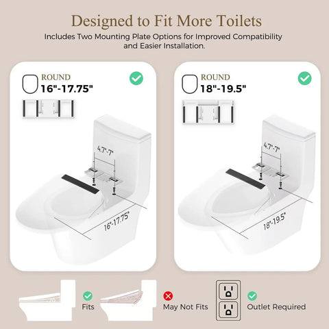 Illustration showing mounting plate options for Butter Smooth Tankless Electric Bidet Toilet Seat fitting round toilets 16"-19.5"