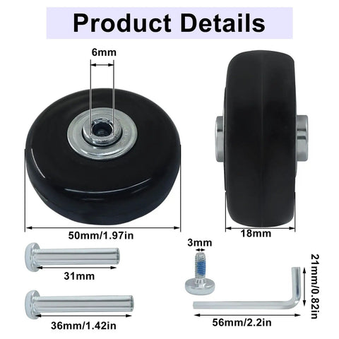 Premium Top Shelf Heavy Duty Rubber Luggage Replacement Wheels 50X18Mm 4 Pack With Metal Axles And Screws For Smooth Rolling Suitcase Repair and Travel Gear Upgrades with detailed measurements.