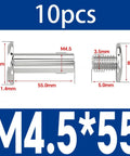 Tough As Nails M4.5 Stainless Steel Binding Screws For Photo Albums Diaries And Menus Rustproof Barrel Nut Hardware Dead Simple Hand Tightening Smooth Flush Finish Look Pack Of 10, shown with size dimensions.