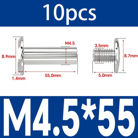 Tough As Nails M4.5 Stainless Steel Binding Screws For Photo Albums Diaries And Menus Rustproof Barrel Nut Hardware Dead Simple Hand Tightening Smooth Flush Finish Look Pack Of 10, shown with size dimensions.