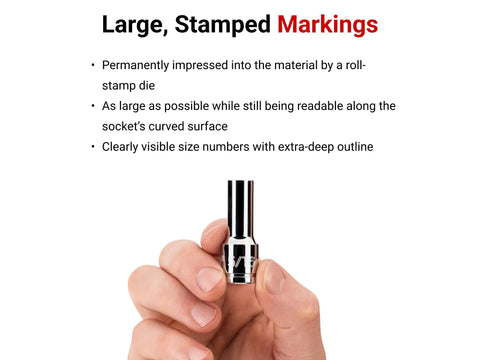 Hand holding a Three Eighth Inch Drive Semi Deep 12 Point Socket with large stamped markings for easy reading.