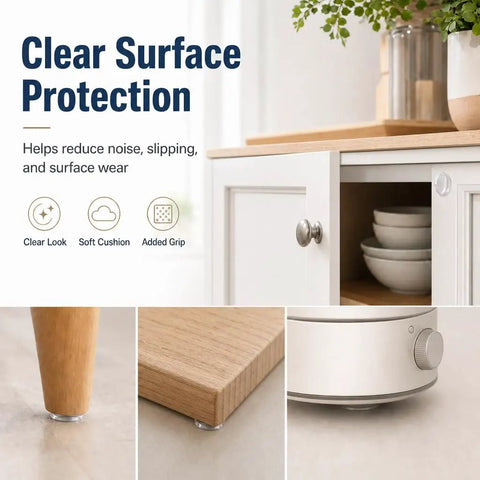 300 Pcs Clear Silicone Cabinet Door Bumpers Self Adhesive Rubber Pads for protecting surfaces and reducing noise.