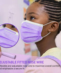 Child wearing purple face mask with snug nose wire, part of the Kids Face Masks Pack Of 50 Three Ply Disposable With Colorful Designs.