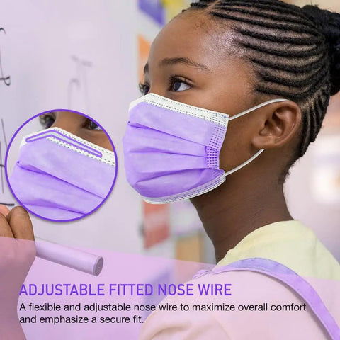Child wearing purple face mask with snug nose wire, part of the Kids Face Masks Pack Of 50 Three Ply Disposable With Colorful Designs.