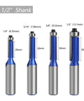 Heavy Duty 12 Inch Flush Trim Router Bit With Smooth Bearing showing 1/2 inch shank size and dimensions for precision wood milling.