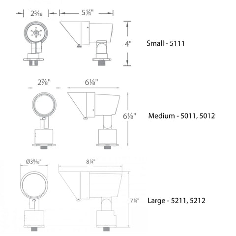 Diagram showing small, medium, and large 12V LED landscape accent light with adjustable beam and dimmable brightness.