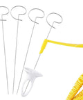 Front view of manual tornado potato spiral cutter set with four stainless steel spiral blades and yellow hand grip.