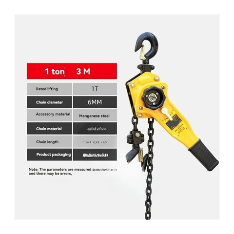 Heavy Duty 0.75T Hand Chain Hoist With Manganese Steel Hook For Pulling Tightening Projects Portable Lever Block Inverted Rigger Gear With 3 Meter Chain shown with specifications.