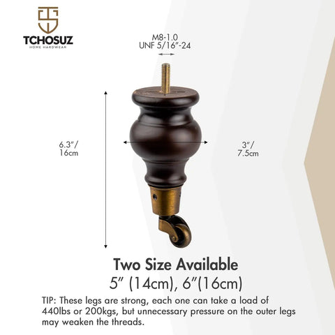 6 Inch Wooden Furniture Legs With Casters Wheels Pack Of 4 Classic Walnut Solid Wood Round Bun Feet For DIY Projects