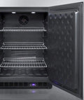 Premium Stainless Steel Under Counter Upright Freezer With True Frost Free Tech and Precise Digital Thermostat, three shelves visible.