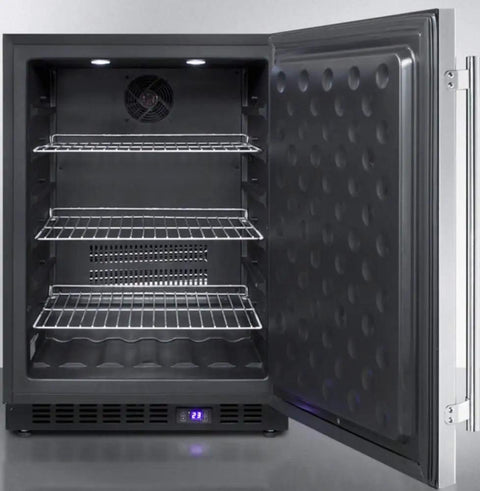 Premium Stainless Steel Under Counter Upright Freezer With True Frost Free Tech and Precise Digital Thermostat, three shelves visible.