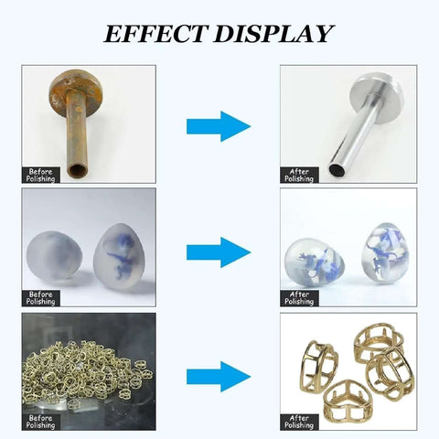 Before and after effects of the 335mm Electric Jewelry Vibration Tumbler Polisher With 6.2L Rock Tumbler Bowl.