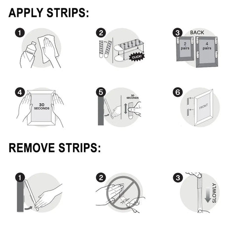 Instructions showing how to use Damage Free Picture And Frame Hanging Strips 12 Count Pack Medium White Holds Up To 12 Pounds On Paint Wood And Tile