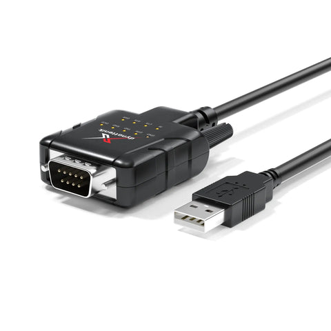 DeStatix A9 FTDI USB to RS232 Adapter With 9 Status LEDs showing USB and DB9 connectors
