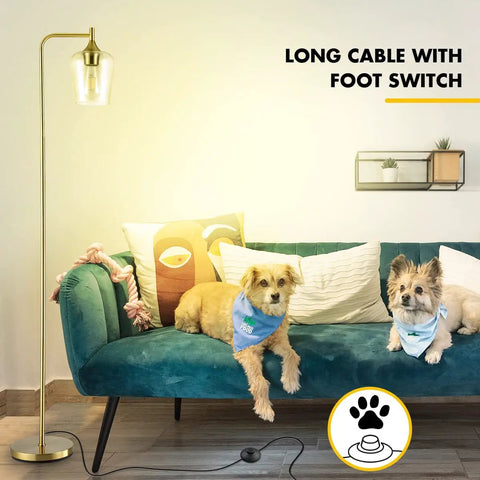 Gold Floor Lamp For Bedroom And Living Room, Industrial Tall Standing Light With Pedal Foot Switch next to green sofa with dogs