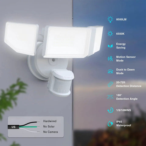 Hella Bright Kick Ass Outdoor Motion Sensor Flood Light 85W 8500 Lumens LED Security Spotlight With Dusk To Dawn Detection And IP65 Weatherproof Triple Head Design For Garage Yard Porch