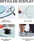 Safety features of Heavy Duty Tempered Glass Lazy Susan Turntable, showing anti-scratch, heat resistance, and load-bearing capacity.
