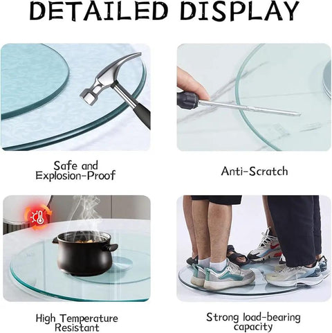 Safety features of Heavy Duty Tempered Glass Lazy Susan Turntable, showing anti-scratch, heat resistance, and load-bearing capacity.