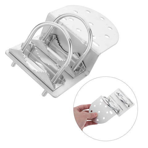 Beefy Iron Antenna Pole Mount Clamp with U Bolts for wall or roof mounting, metal bracket design, shown in hand for scale