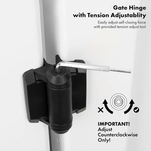 2-Pack Adjustable Tension Gate Hinges With Caps For Outdoor Wood And Metal Gates showing tension adjustment tool