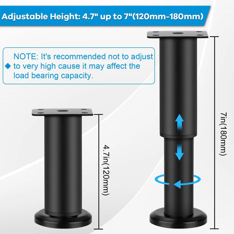 Heavy Duty Metal Adjustable Furniture Legs Set Of 4, 4.7 To 7 Inch, Replacement Legs For Couch Bed Desk Table Chair Sofa Dresser, Black Finish. Height chart and stability advisory visible.