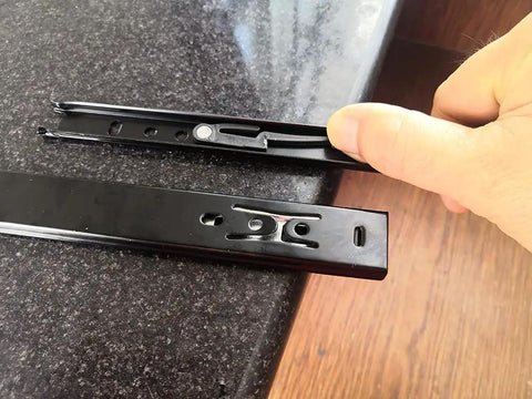 Heavy Duty 16 Inch Drawer Slides 1 Pair Full Extension Under Mount Ball Bearing With Quiet Smooth Action Double Row Steel Balls Hidden Slow Closing Piston Two Fold Setup Built To Last Steel Construction, black steel close-up