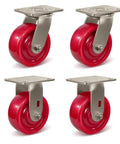Heavy Duty Industrial Casters With Tough As Nails Solid Polyurethane Wheels And Rust Proof Stainless Steel Brackets, 2 Rigid 2 Swivel Set For Factory Gear, Beefy 4000 Lbs Capacity Made In Usa For No Sweat Moving - set of four casters with red polyurethane wheels.