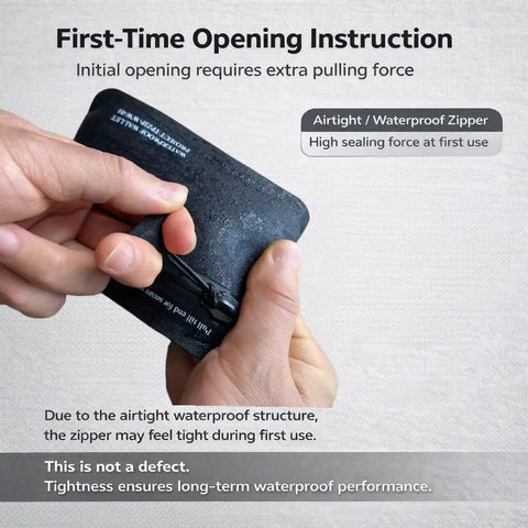 Hands opening the Waterproof Minimalist Pouch For Outdoors Junkies to reveal airtight zipper, textured black TPU material.