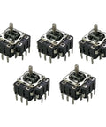 Image of a set of five small joysticks with switch potentiometer B10K FJ06KS for DIY arcade machines and game console projects.