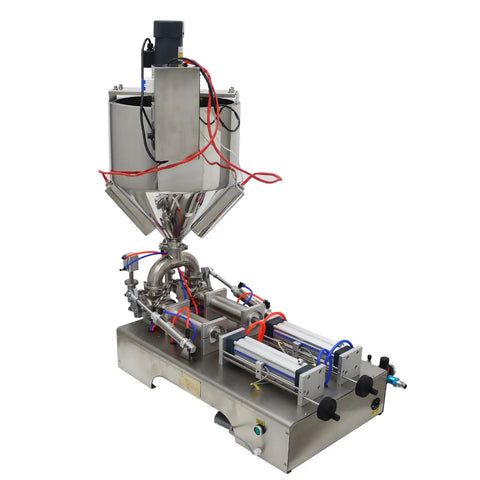 Heavy Duty Double Head Piston Liquid Filling Machine With Heating Stirrer And Mixer For Thick Pastes Cream Oil Chili Sauce Crushing 50 To 500 Ml Batches 110V Built Different Gear in stainless steel with piston mechanism.