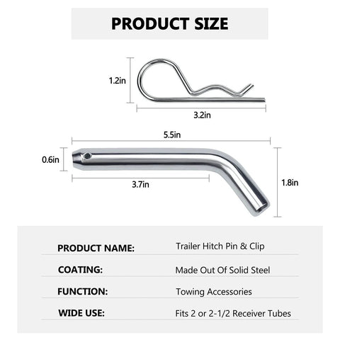 Heavy Duty Trailer Hitch Pin And Clip With Grooved Head, Five Eighths Inch Diameter, Angled One Hundred Five Degrees, Fits Two Inch And Two And A Half Inch Receiver Hitches, Rock Solid Latch For Easy Installation shown with dimensions