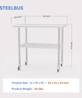 Stainless Steel Work Table With Casters And Undershelf, Flat Top Commercial Prep Table For Kitchen, Restaurant Or Garage