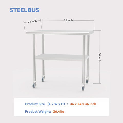 Stainless Steel Work Table With Casters And Undershelf, Flat Top Commercial Prep Table For Kitchen, Restaurant Or Garage