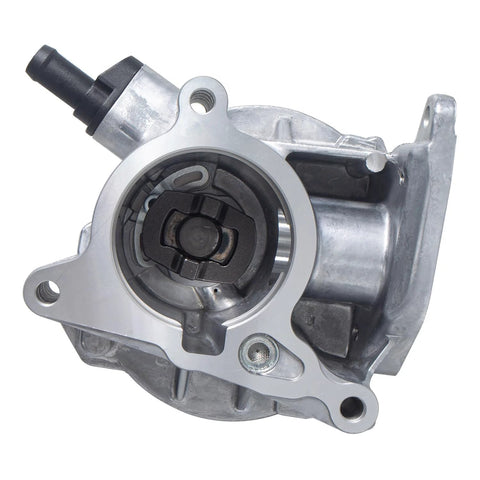 Front view of a brake vacuum pump with aluminum housing, mounting flange and vacuum port.