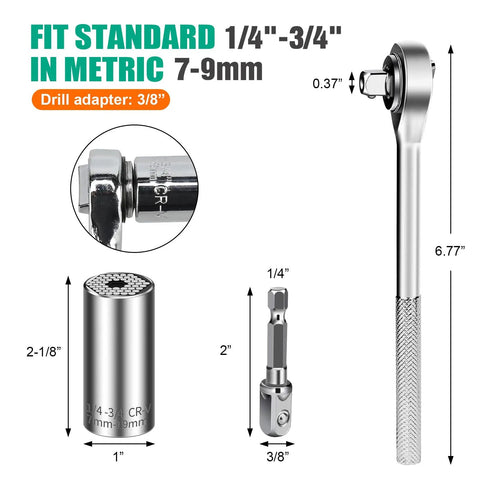 Three Piece Universal Socket Wrench Set With Ratchet And Drill Adapters Retractable One Quarter Inch To Three Quarter Inch For DIYers
