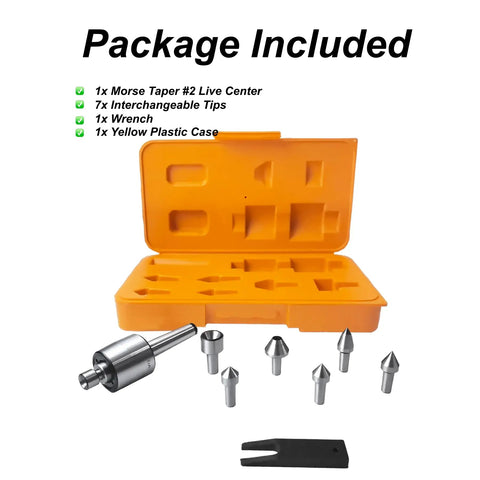 MT2 Medium Duty Live Center Set for Lathe Tailstock 2MT Morse Taper Revolving Center with High Carbon Steel Interchangeable Tips Kit Includes 1 Live Center, 6 Tips, Wrench and Storage Box