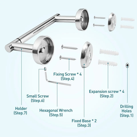 Installation hardware for Polished Chrome Toilet Paper Holder With Pivoting Double Posts, wall mount dispenser components laid out.