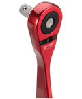 Red 1/4-Inch Drive Anodized Stainless Steel Ratchet with 72 Tooth Gear, key ring tool, and bottle opener, side view