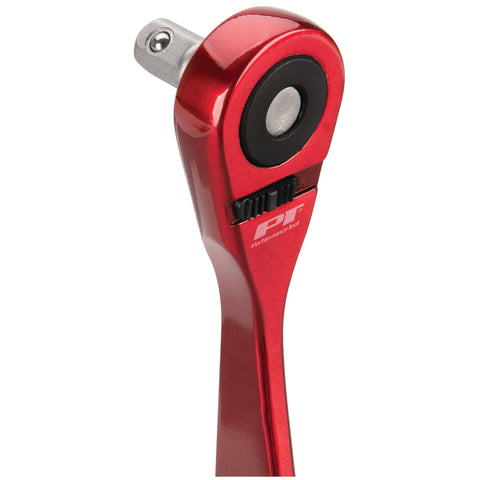 Red 1/4-Inch Drive Anodized Stainless Steel Ratchet with 72 Tooth Gear, key ring tool, and bottle opener, side view