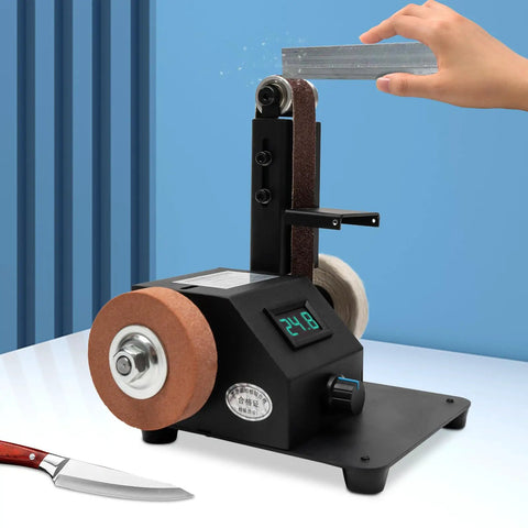 96 Watt 7 Speed Mini Belt Sander Bench Grinder And Polisher featuring dual wheels for sharpening kitchen knife with digital display.
