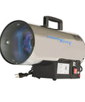 Big 60,000 BTU Portable Propane Forced Air Heater For Outdoor Use showing stainless steel build with handle and power cord
