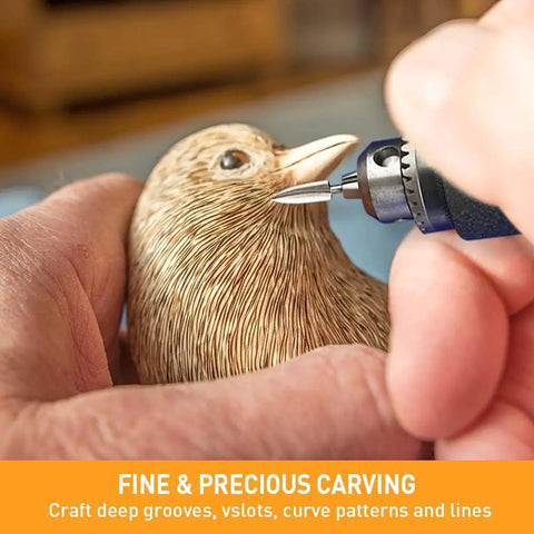 Pro Grade Wood Carving Bits For Rotary Tools, 5 Piece Engraving Drill Set With One Eighth Inch Shank used for detailing a carved bird.