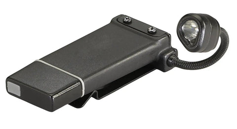 Clip On Hands Free Light With Rechargeable Power, 70 Lumen Output And 500 Candela, black design with flexible head for targeting.