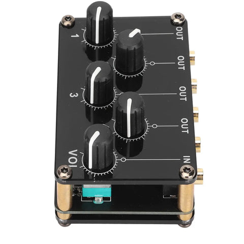 Compact 4 Channel Stereo Mixer For Home Studio Use Passive Live Console With Low Noise Ideal For Mixing Instruments CD Players And Computers 4 Stereo Inputs And 1 Stereo Output Portable Desk Top Studio Rig black knobs and input/output jacks.
