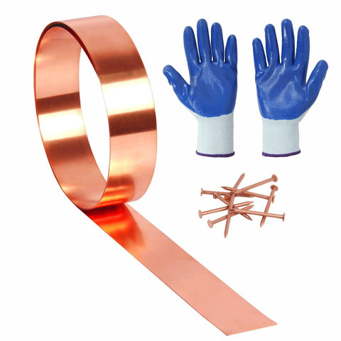 Premium Copper Flashing Roll 99.95 Percent Pure Copper 2 Inch Wide By 10 Feet Long 24 Gauge 0.5mm Thick For Roofing And DIY Projects RoHS Certified Durable Coil With Easy Bends For Pros And DIYers with nails and gloves